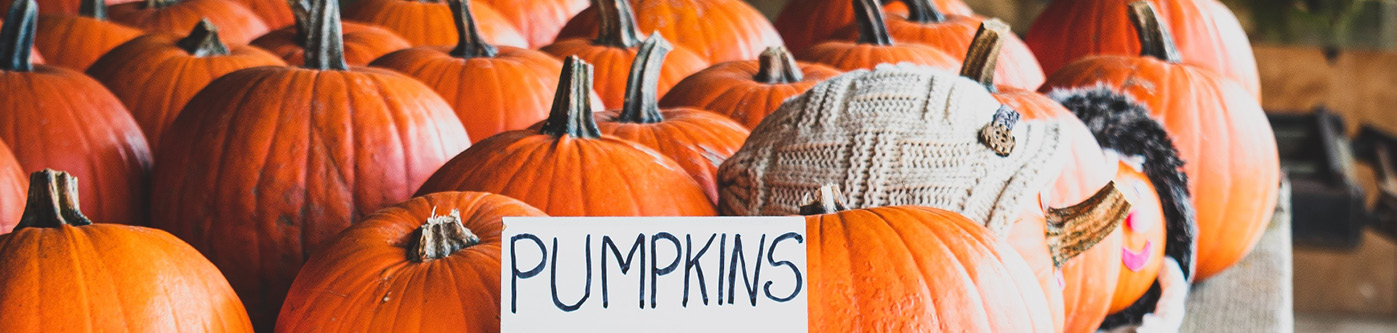 Lots of pumpkins arranged on a wooden cart with a sign for 'pumpkins' as part of a halloween marketing display