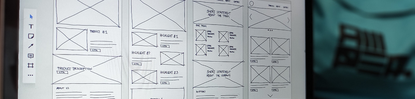 How to create a newsletter with engaging design - UX wireframe sketches on a computer screen