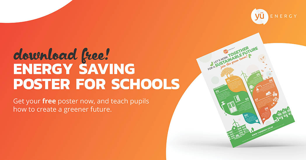 a bright orange graphic with an energy saving poster on the right hand side, and text on the left reading 'download free! Energy saving poster for schools'