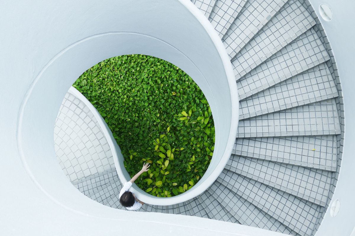 why is csr becoming more important - an abstract image of a white spiral staircase leading down to lush greenery